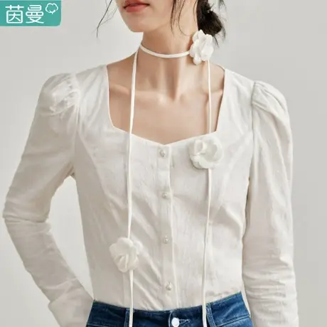 茵曼旗舰店法式方领长袖衬衫女春季新款设计感泡泡袖白色衬衣上衣商品大图