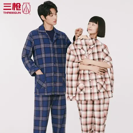 三枪纯棉睡衣男秋季格子全棉家居服套装女彩格绒布起居服秋80517商品大图