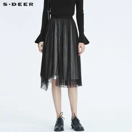 sdeer圣迪奥百褶裙女优雅松紧网纱不规则半身裙长裙S20481105图片