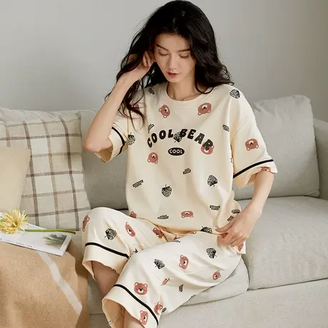 南极人睡衣女士春秋夏季纯棉短袖薄款七分裤家居服套装2023年新款商品大图