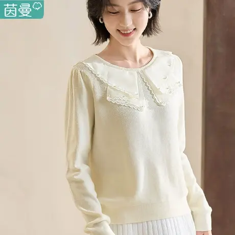 茵曼旗舰店2023春女装新款法式拼接蕾丝珍珠宽松圆领套头毛衣图片