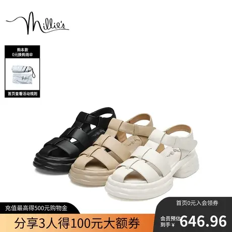 millies/妙丽2023夏季新款羊皮时尚镂空方跟女凉鞋33917BL3图片