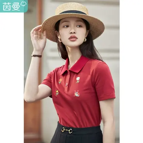 茵曼∣梨涡系列翻领绣花T恤女2023夏季新款显瘦套头宽松短袖上衣图片