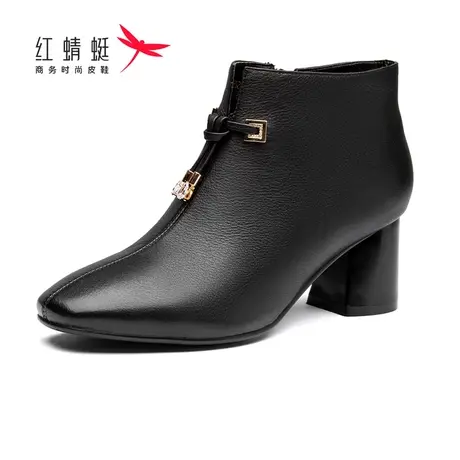 红蜻蜓女鞋女靴秋冬新款时尚百搭牛皮舒适透气软底粗跟保暖防滑底图片