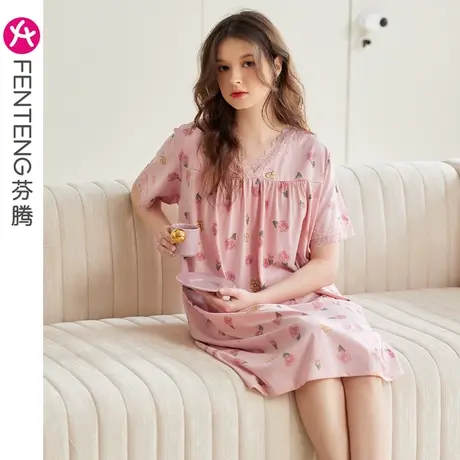 芬腾女士睡裙短袖夏季薄款纯棉睡衣裙碎花甜美宽松休闲中裙家居服商品大图