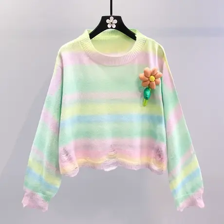 彩虹条纹毛衣女2022秋季新款韩版宽松外穿学院风减龄薄款针织上衣图片