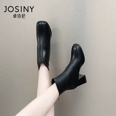卓诗尼2023秋冬新款方头时装靴潮流后拉链粗跟女靴时尚百搭短筒靴图片