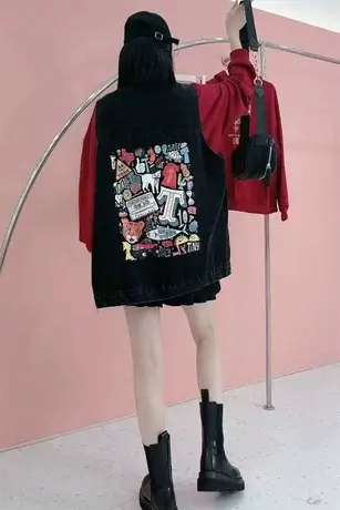 牛仔马甲宽松韩版2023年春秋款外穿无袖bf风工装百搭印花外套女商品大图