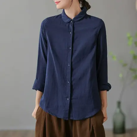 dza 复古纯棉白色长袖衬衫女士春秋新款宽松显瘦上衣翻领百搭衬衣商品大图