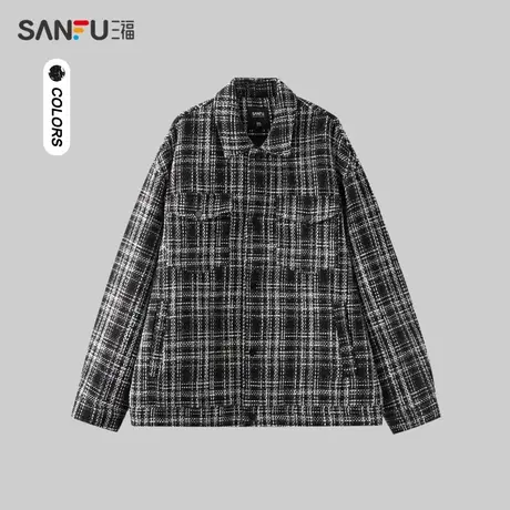 三福2023冬男士经典小香风格纹夹克 时尚宽松翻领外套男472998商品大图