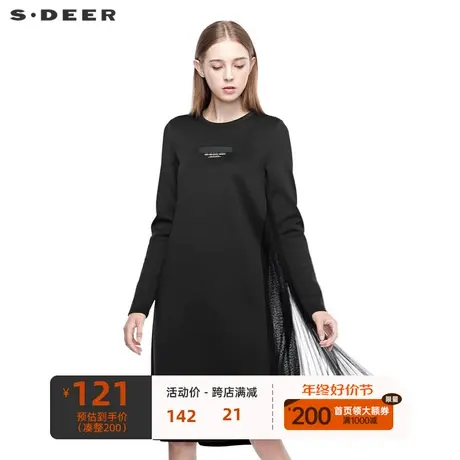 sdeer圣迪奥女时尚休闲圆领撞色字母网纱拼接长袖连衣裙S19381205图片