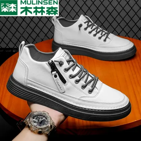木林森高帮鞋男平底男鞋休闲皮鞋潮流百搭小白板鞋爆款中帮潮鞋子商品大图