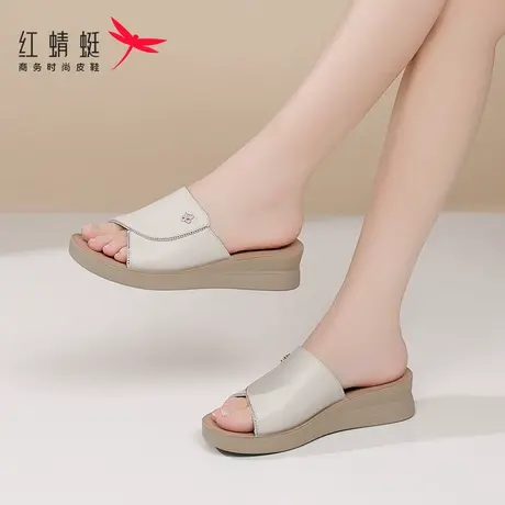 红蜻蜓女士平底厚底一字拖拖鞋女2025新款外穿夏季坡跟凉拖鞋真皮图片