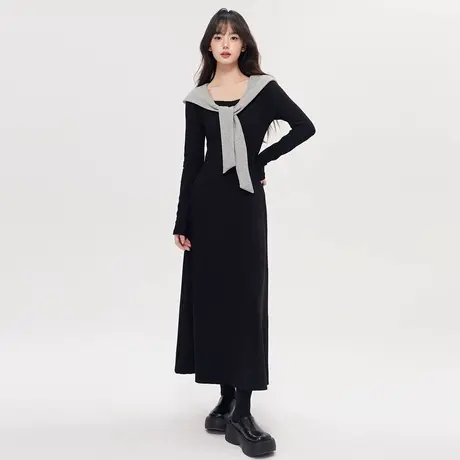 尔给长袖连衣裙女秋冬新款显瘦修身设计感淑女时尚连帽裙子图片