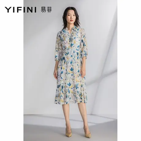 Yifini/易菲五分袖宽松雪纺裙夏季新款薄款连衣裙通勤茶歇裙图片