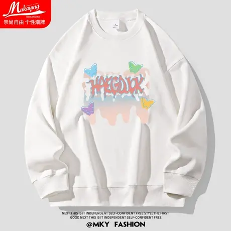 彩色蝴蝶印花圆领卫衣男女宽松大码春秋款设计感潮流情侣长袖上衣图片