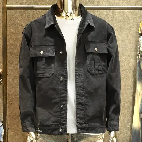 黑色修身牛仔外套男韩版潮流春季男士时尚休闲夹克个性百搭牛仔衣图片