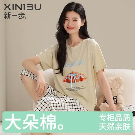 新一步短袖七分裤睡衣格子印花女款夏季雪花棉宽松休闲家居服套装商品大图