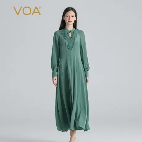 VOA翠绿色双绉桑蚕丝拼接乔其丝绸长袖镂空立领显瘦真丝连衣裙图片