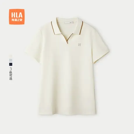 HLA/海澜之家时尚通勤短袖POLO衫25春夏新款撞色V领显瘦上衣女装商品大图