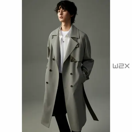 w2x春秋季撞色PU皮拼接风衣男中长款设计感宽松高级青年大衣外套图片