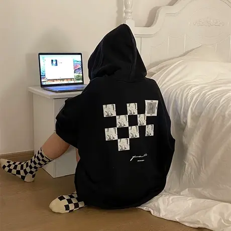 黑色酷潮连帽卫衣女hiphop宽松韩系长袖外套ins超火胖mm大码女装商品大图