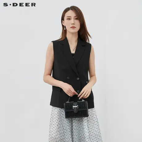 sdeer圣迪奥女装西装领双排扣拉链拼接无袖马甲S222Z1601商品大图