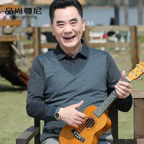 【舒适亲肤】竖条纹假两件男士休闲上衣长袖T恤春秋中老年爸爸装商品大图