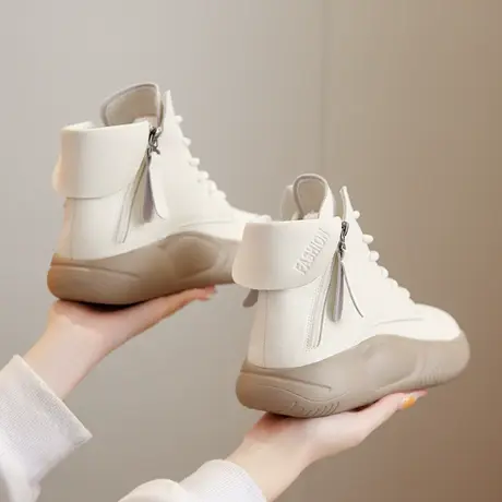 厚底马丁靴女2023年秋冬新款松糕底短靴休闲小白鞋百搭皮面高帮鞋图片