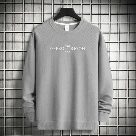 春秋季华夫格卫衣男2023新款小熊圆领无帽衫长袖t恤宽松潮流百搭商品大图