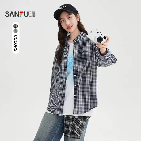 三福长衬衫2025秋季英文刺绣口袋格子翻领宽松上衣女装507571商品大图