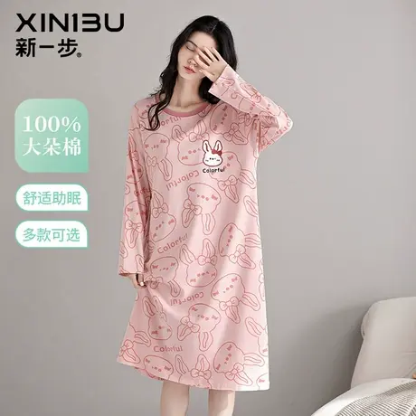 新一步100%全棉睡裙长袖睡衣女宽松印花纯棉家居服套头2025新款春商品大图
