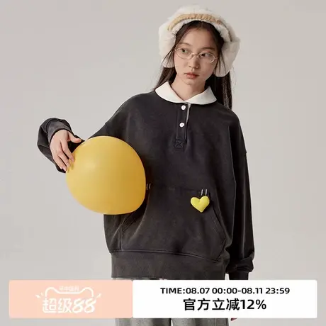 omont蛋挞家 复古娃娃领套头卫衣冬季灰色宽松休闲百搭上衣女图片