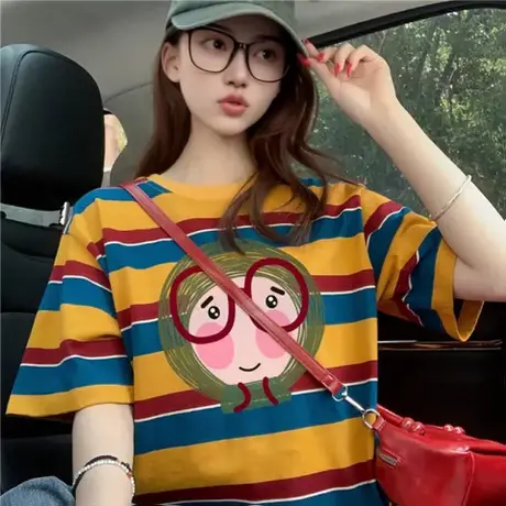美式撞色条纹短袖t恤女2025新款夏季潮牌卡通学院风宽松显瘦上衣商品大图