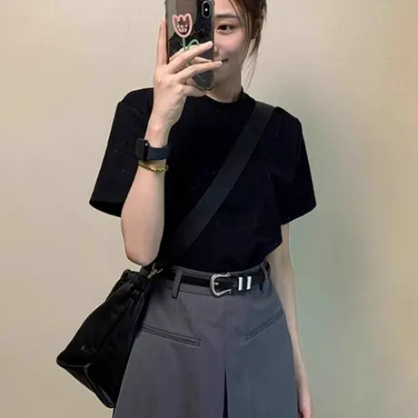 美式复古黑色正肩纯棉短袖t恤女2025新款夏季纯色半袖打底衫上衣图片