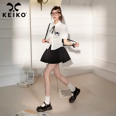 KEIKO 美式学院风穿搭白色衬衫女甜酷辣妹蝴蝶结饰泡泡袖短袖上衣图片