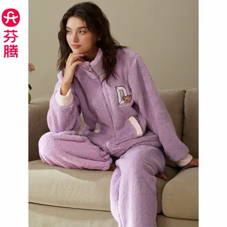 芬腾女士珊瑚绒睡衣2024年秋冬加绒套装新款加厚保暖法兰绒家居服商品大图