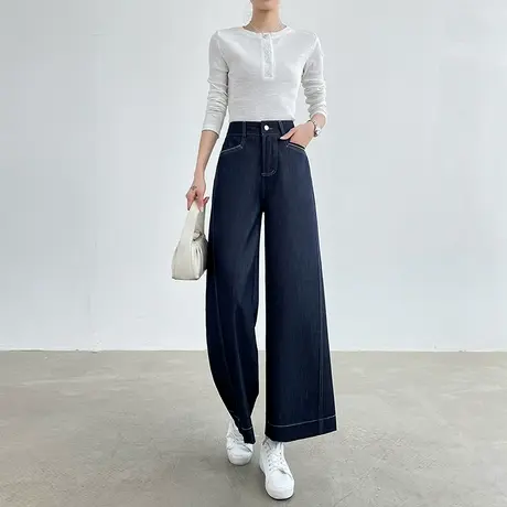 天丝牛仔裤子女夏季薄款高腰小个子九分宽松显瘦蓝色直筒阔腿裤子商品大图