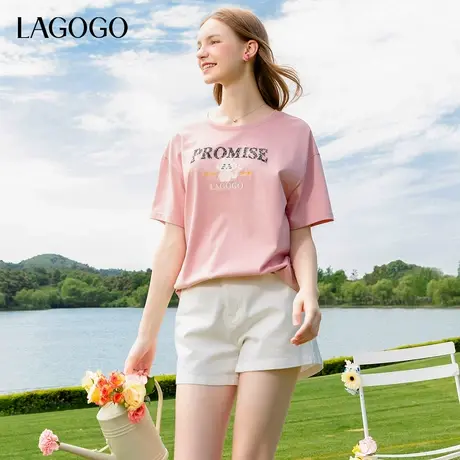 LAGOGO多巴胺粉红色甜美T恤女拉谷谷夏季新款圆领慵懒风卡通短袖商品大图