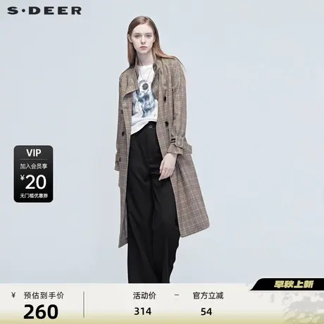 【sdeer奥莱】圣迪奥秋时尚格纹拼接收腰长外套S20381820商品大图