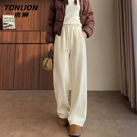 唐狮官方杏色窄版阔腿裤女2026新款春秋款女士宽松直筒运动裤女VB图片