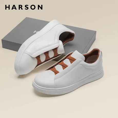 哈森一脚蹬男鞋春季新款时尚小白鞋舒适通勤休闲板鞋真皮软底通勤商品大图