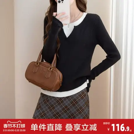 唐狮秋冬款毛衣简约百搭假两件设计套头针织衫女高级感洋气图片