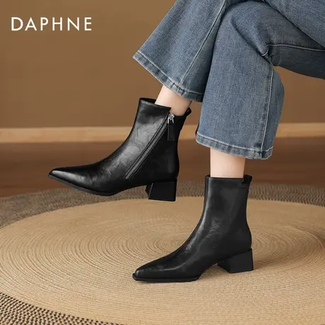达芙妮尖头小短靴2026新款马丁女靴子女款冬季瘦瘦切尔西皮靴黑色商品大图