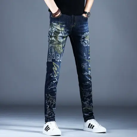 高档激光印花牛仔裤男款修身小脚裤子男2023新款秋季轻奢高端潮牌商品大图
