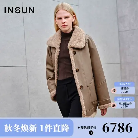 恩裳2023冬款新款两穿皮毛一体羊羔毛外套简约插肩袖翻领皮草外套商品大图