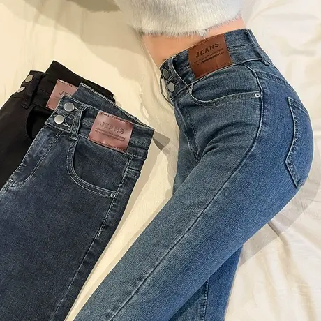 复古蓝加绒高腰牛仔裤女秋冬季加厚显瘦紧身小脚裤弹力铅笔裤子商品大图