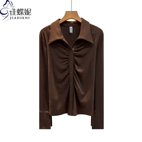 春秋新款翻领纯色纯棉开衫袖口开叉长袖体恤上衣女衬衫POLO衫T恤图片