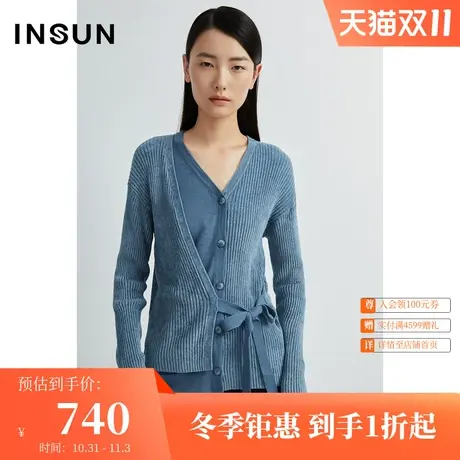 恩裳春季经典灯芯绒不对称收腰设计外穿长袖v领针织衫女商品大图