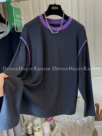 多巴胺撞色加绒加厚打底衫针织T恤上衣女内搭宽松慵懒风2023新款图片